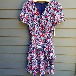 NWT Tahari Navy Floral Faux Wrap Dress with Tie and Ruffles Size 14
